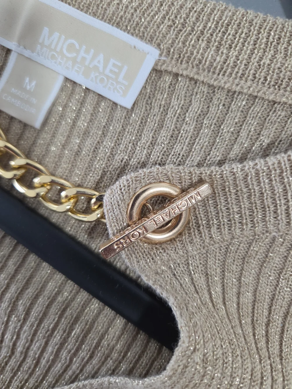 Michael Kors Gold-Trim Beige Ribbed Knit Top